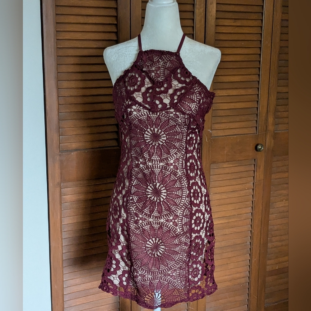 Francesca's Burgundy Lace High-Neck Dress